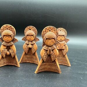 Rare 5‎ Midcentury Ceramic Angel Ornaments Brown Glazed Praying Singing Figures